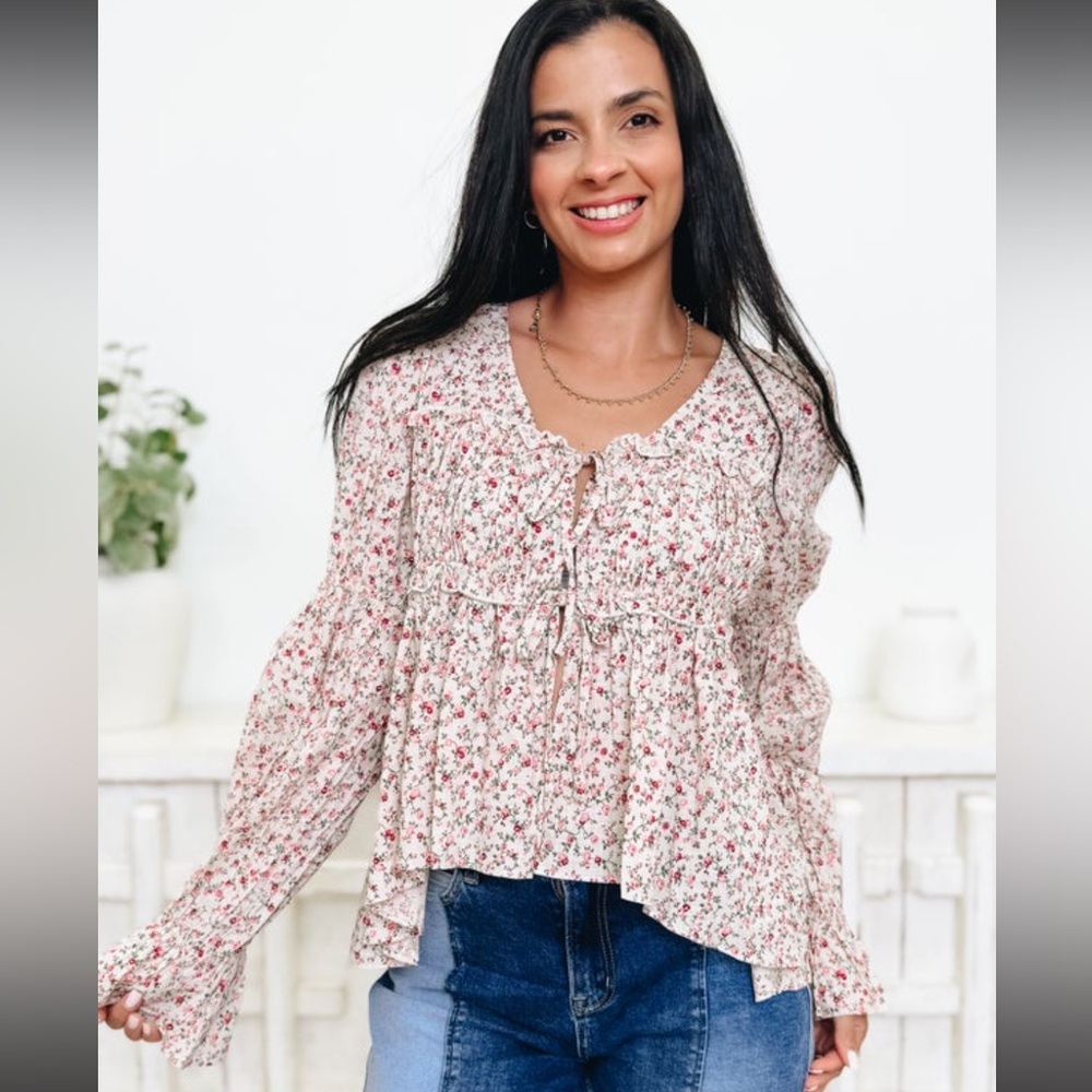 ANNIEWEAR floral tie front top in oatmeal rose